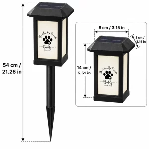 Paw-print solar memorial light dimensions: assembled 54 cm high, lamp unit 8 by 8 by 14 cm