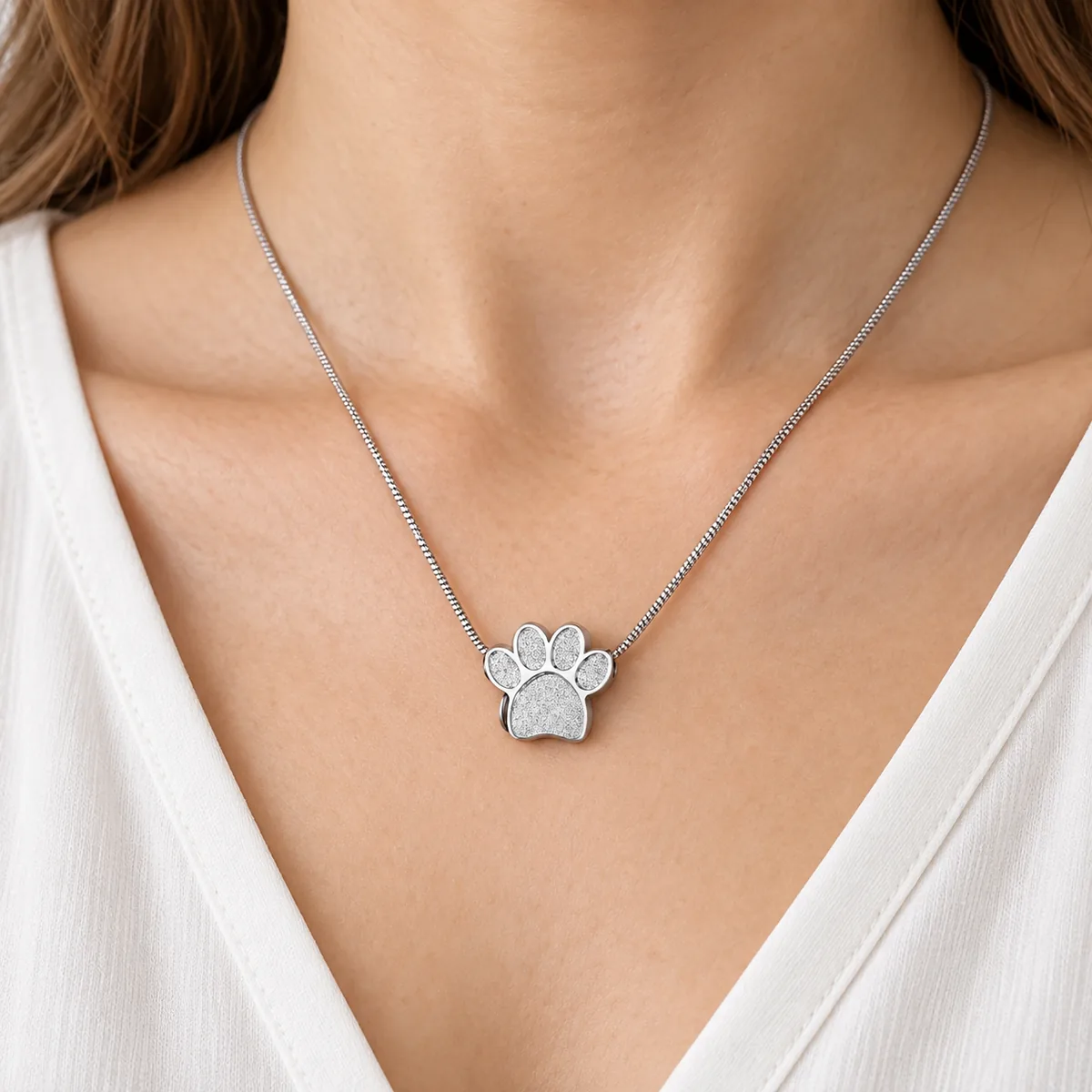 Paw Print Ashes Necklace in Stainless Steel, worn view
