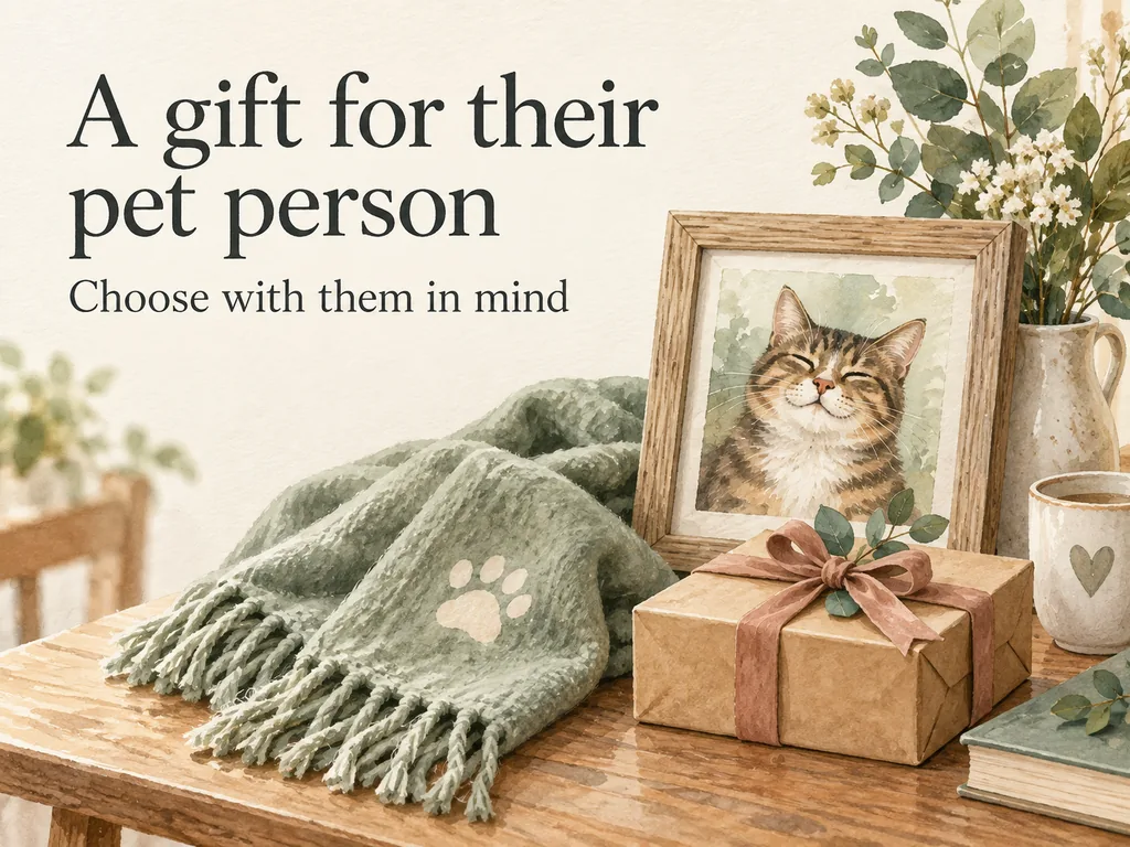 A small cat portrait, folded throw and wrapped box sit beneath the title A gift for their pet person.