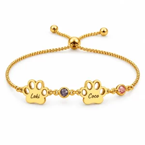 Personalized Paw Name Bracelet with Birthstone Charms, two paw charms