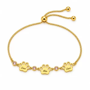 Personalized Paw Name Bracelet with Birthstone Charms, three paw charms