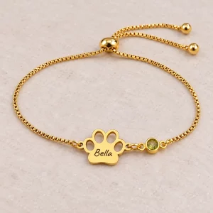 Personalized Paw Name Bracelet with Birthstone Charms, slider fastening detail