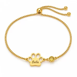 Personalized Paw Name Bracelet with Birthstone Charms, front view on white