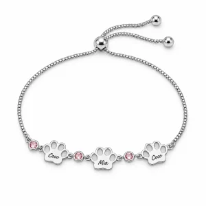 Personalized Paw Name Bracelet with Birthstone Charms, silver color
