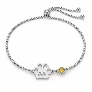 Personalized Paw Name Bracelet with Birthstone Charms, silver one