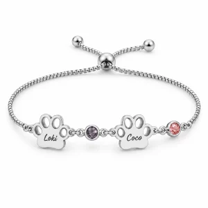 Personalized Paw Name Bracelet with Birthstone Charms, silver two