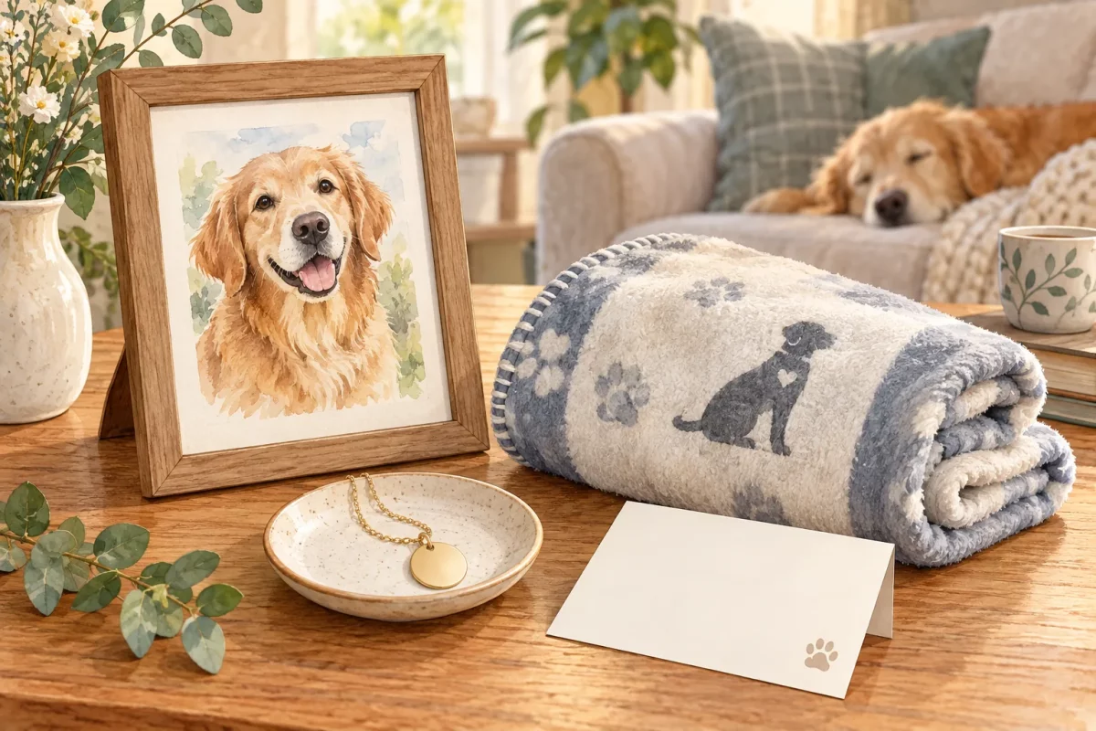 Editorial illustration of a framed pet picture, folded pet-themed blanket and necklace beside a gift note.