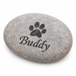 Natural pet memorial pebble shown from a shallow angle with a sample name and paw