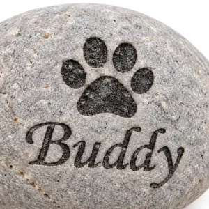Close view of paw motif and sample Buddy name on a natural memorial pebble
