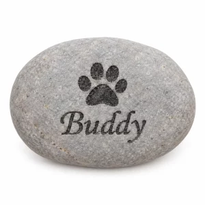 Natural light gray pet memorial pebble with a sample paw print and Buddy name