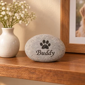 Small natural pet memorial pebble displayed on an indoor remembrance shelf