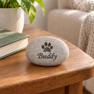Pet memorial pebble with sample paw and name on an indoor side table