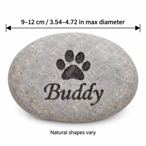 Pet memorial pebble size band: 9 to 12 cm maximum diameter; natural shapes vary