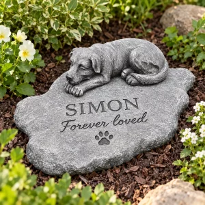 Personalized Sleeping Dog Garden Memorial Marker, in a garden