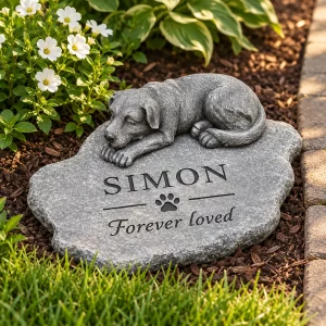 Personalized Sleeping Dog Garden Memorial Marker, beside a garden lawn