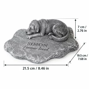 Personalized Sleeping Dog Garden Memorial Marker, dimensions in centimeters and inches