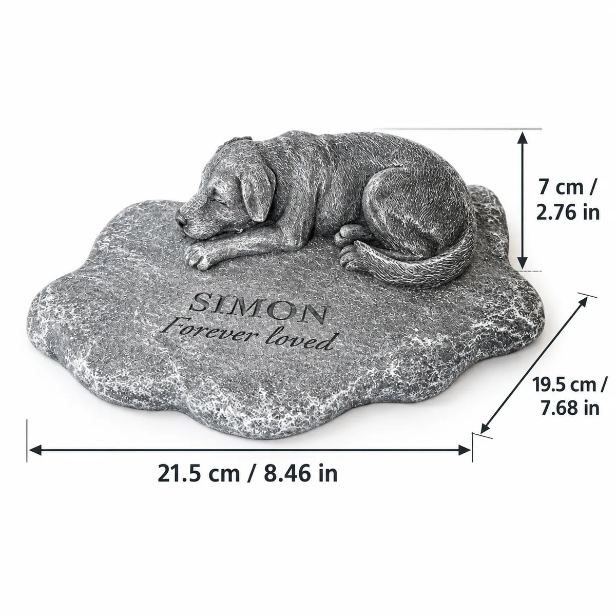 Personalized Sleeping Dog Garden Memorial Marker, dimensions in centimeters and inches