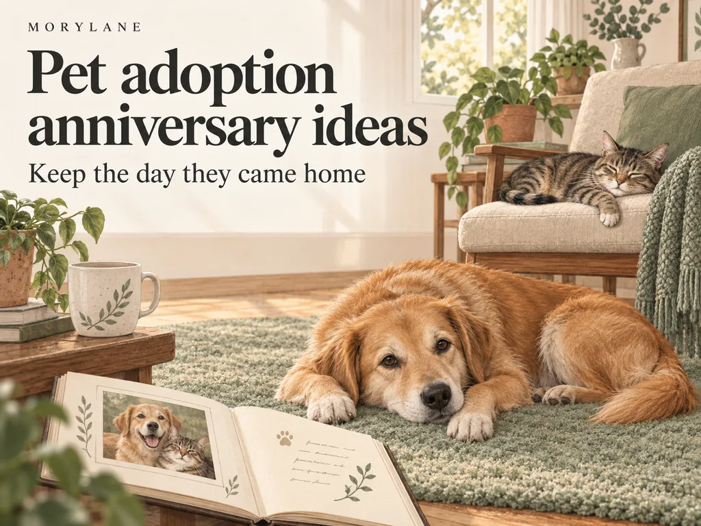 Illustrated dog and cat beside a photo album, with the words Pet adoption anniversary ideas.