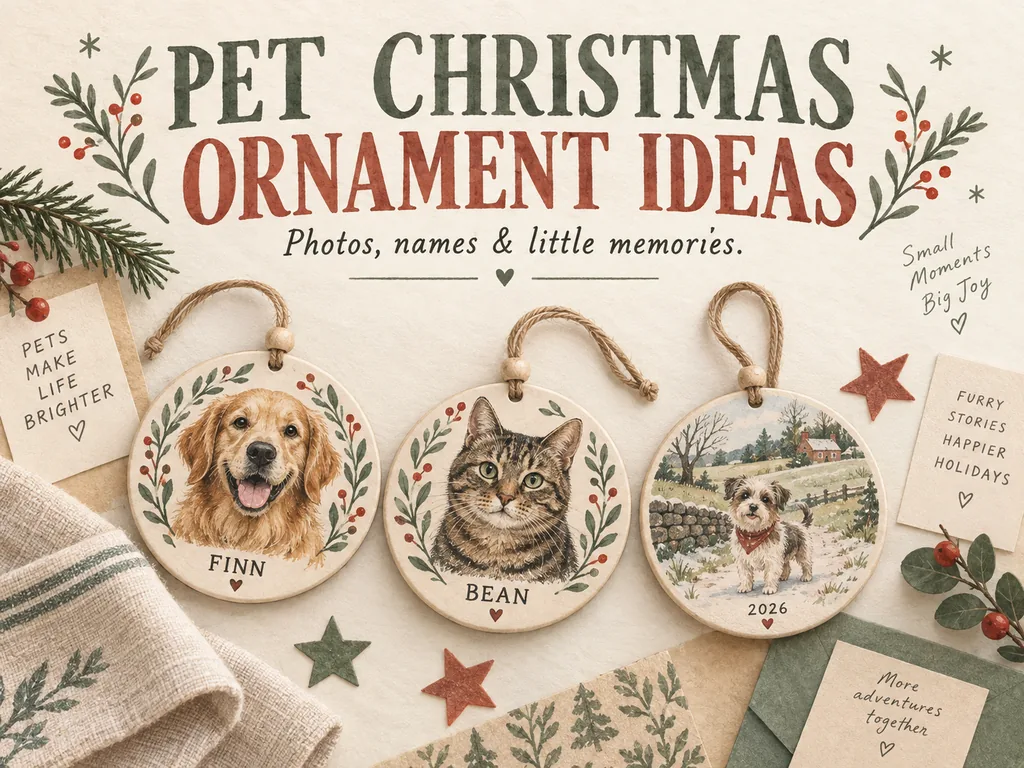Illustrated dog and cat photo ornaments beside the title Pet Christmas ornament ideas.