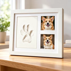 Pet Clay Paw Print Frame with Two Photo Windows, displayed indoors