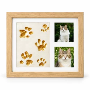 Pet Clay Paw Print Frame with Two Photo Windows, natural wood-color finish