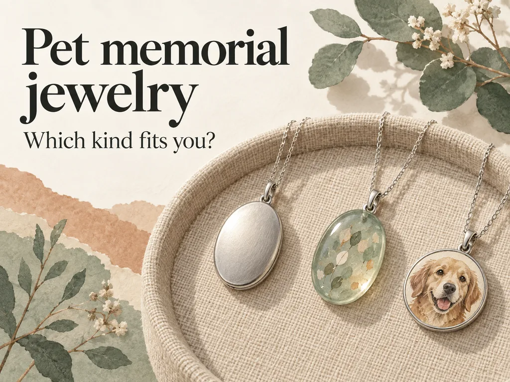 Three pendant concepts sit on a linen tray beneath the title Pet memorial jewelry and the question Which kind fits you?