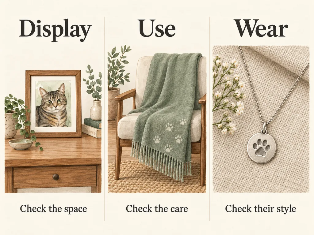 Three cards compare a framed picture for display, a throw for use and a necklace to wear, with a different check below each.