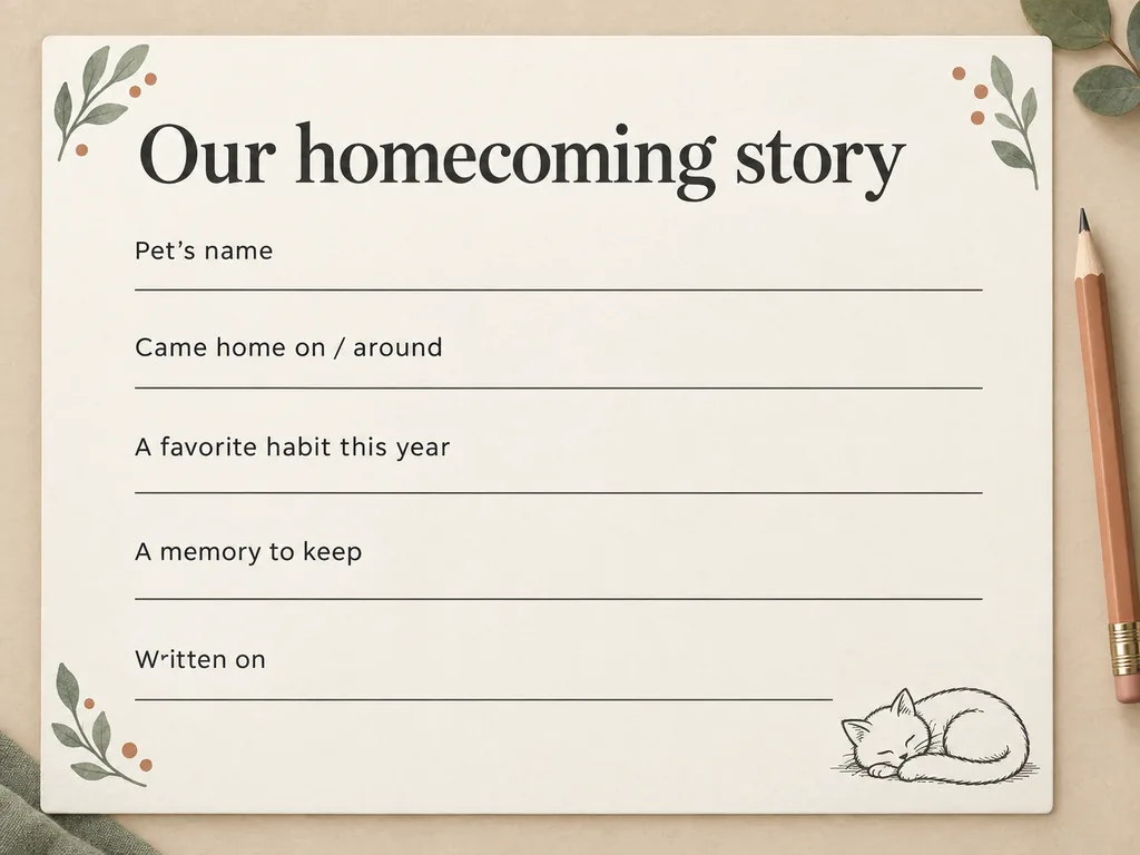 Blank homecoming story card with fields for a pet's name, arrival date and a favorite memory.