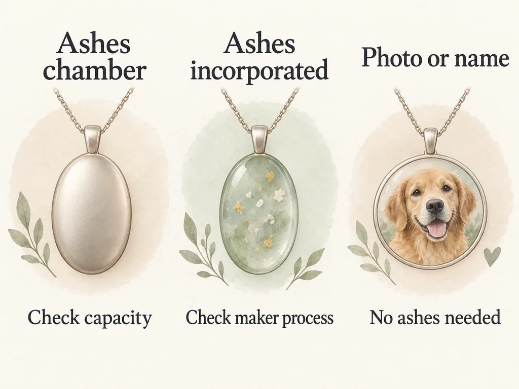 Three conceptual pendants compare an ashes chamber, ashes incorporated during making, and a photo or name design without ashes.
