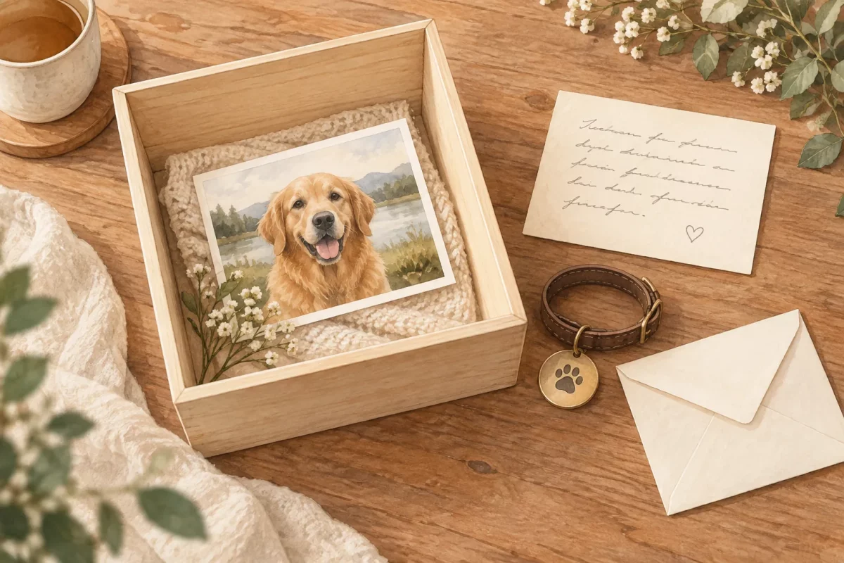 Overhead illustration of a dog photograph in an open box, with a note, collar tag and envelope beside it.