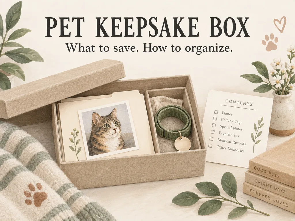 An open keepsake box holds a cat picture in a folder and a separate collar compartment under the title Pet keepsake box.
