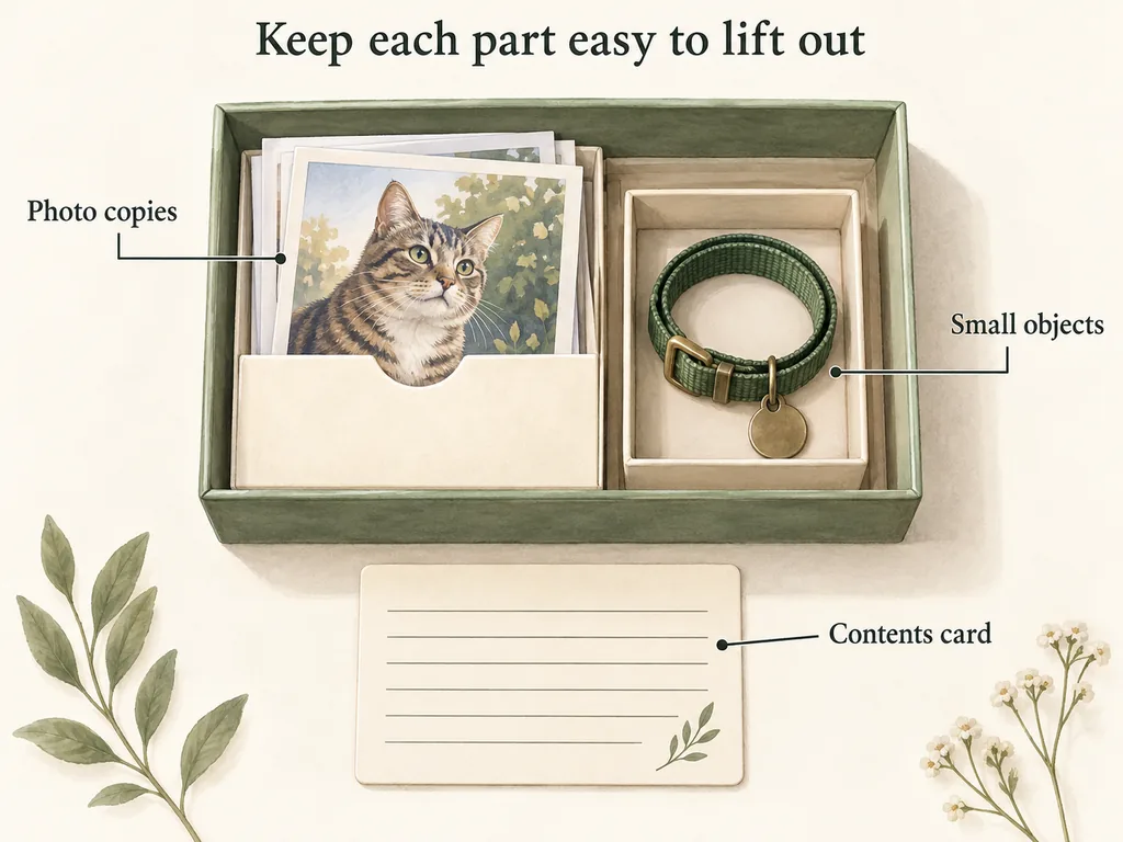 A top-down box layout separates photo copies in a folder from small objects and shows a contents card beside the box.