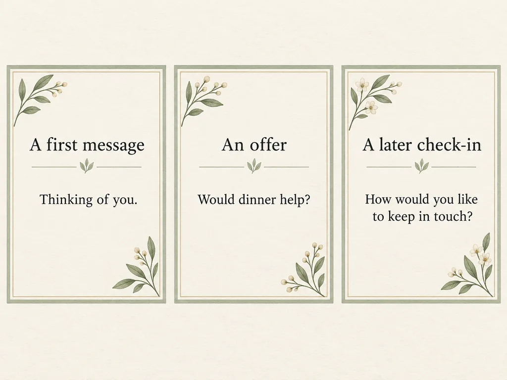 Three example message cards for a first acknowledgment, an offer of dinner and a later question about keeping in touch.