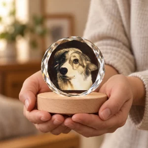 Hands holding a small round crystal pet portrait lamp with its wooden base and light off
