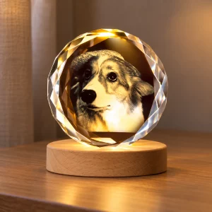 Warmly lit pet memorial crystal photo lamp displayed on a wooden bedside table in a neutral room