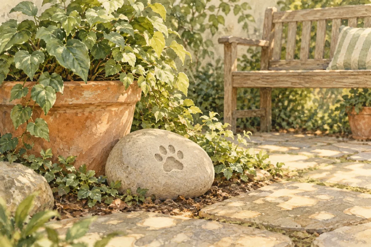 Watercolor illustration of a paw-marked stone beside a terracotta pot in a quiet garden corner.