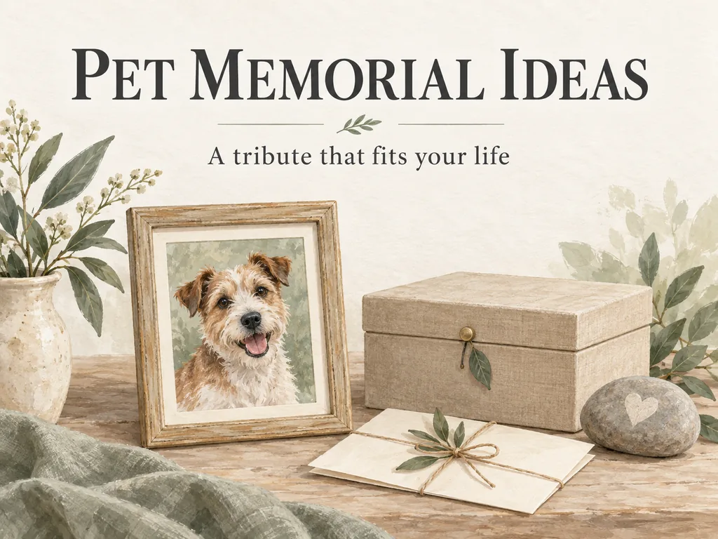 A framed dog portrait, closed box, letter and small garden stone beneath the title Pet memorial ideas.