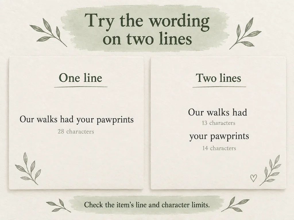A 28-character inscription is shown on one line and then divided into lines of 13 and 14 characters.