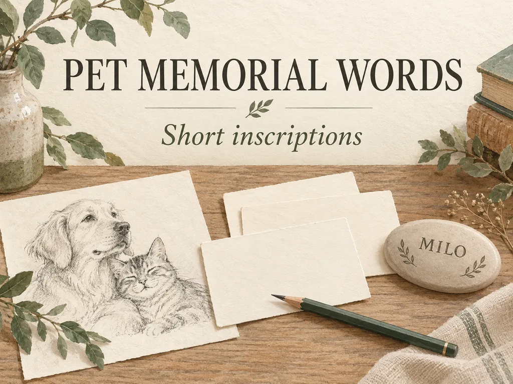 Writing cards and a simple name plaque beneath the words Pet memorial words.