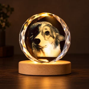 Round crystal pet photo lamp glowing warmly on a wooden base in a dim evening setting