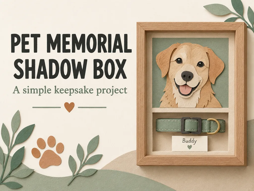 Illustrated pet memorial shadow box with a dog portrait and collar.