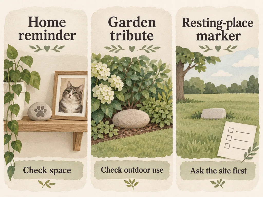 Three illustrated settings compare a home reminder, garden tribute and resting-place marker, with a different first check for each.