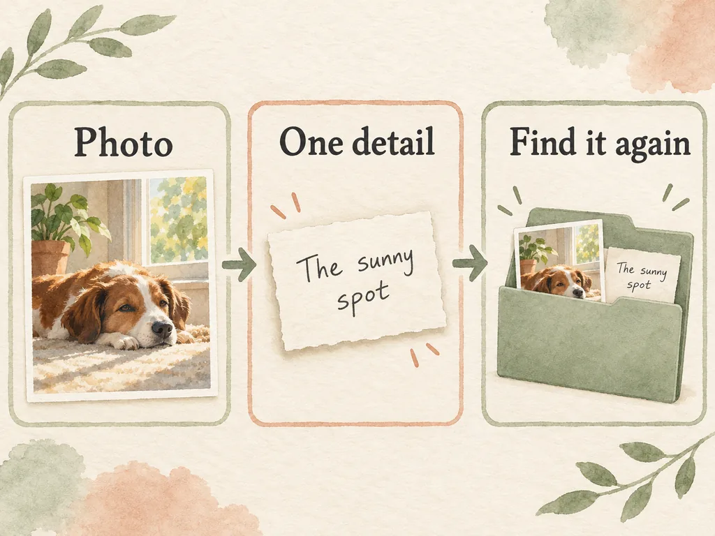 Three illustrated cards connect a pet photograph, a short note about the sunny spot and a folder that keeps them together.