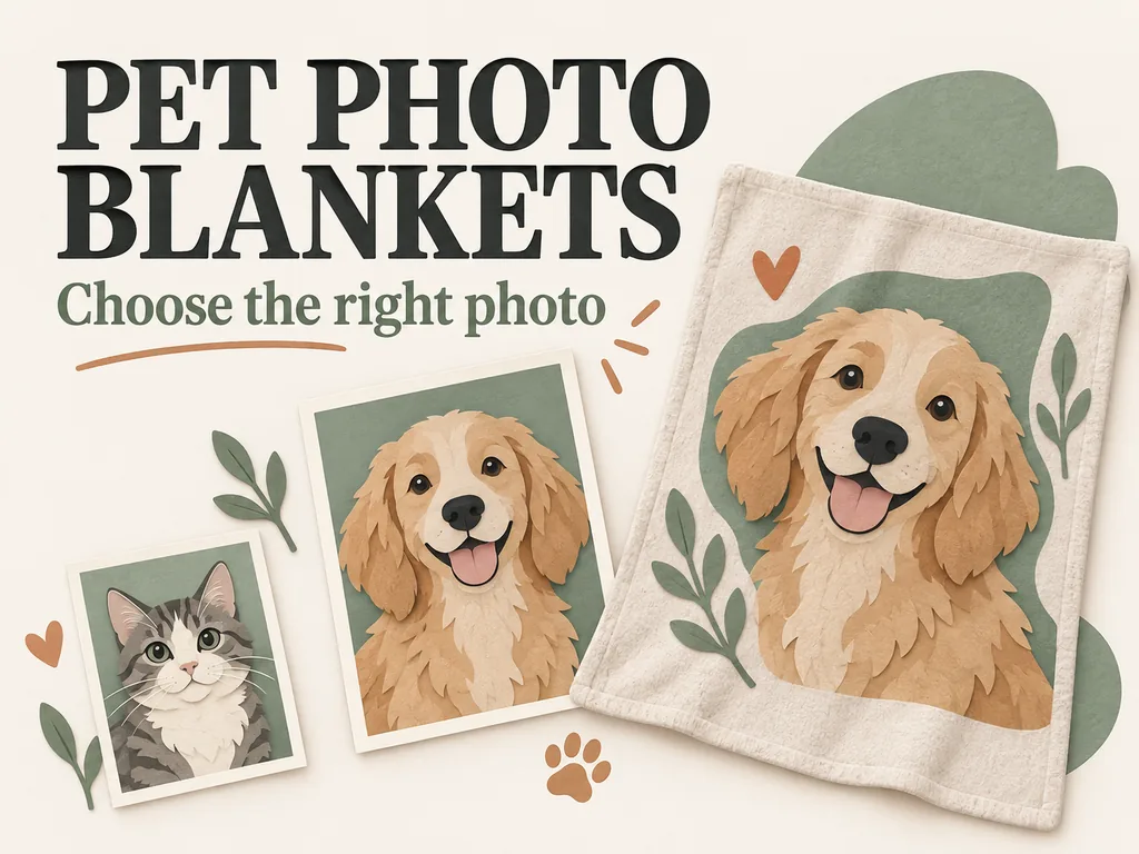 Pet photo blanket planning illustration with dog and cat portraits.