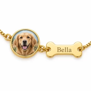 Personalized Pet Photo Bracelet with Bone Name Tag, close-up detail
