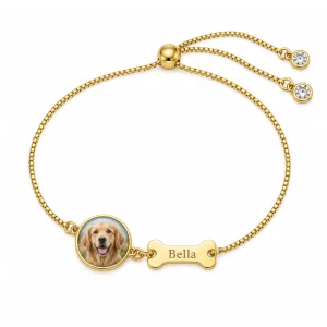 Personalized Pet Photo Bracelet with Bone Name Tag, front view on white