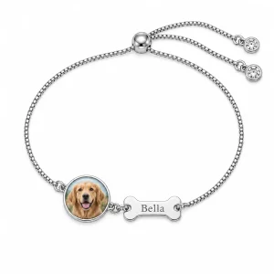 Personalized Pet Photo Bracelet with Bone Name Tag, silver color