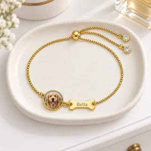 Personalized Pet Photo Bracelet with Bone Name Tag, on a jewelry tray