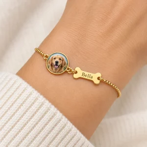 Personalized Pet Photo Bracelet with Bone Name Tag, worn on an adult