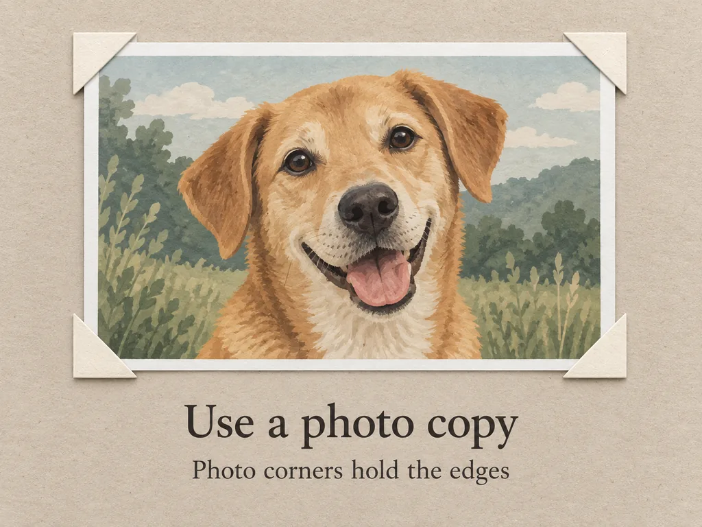 Dog portrait copy held on a backing board by four photo-corner pockets.